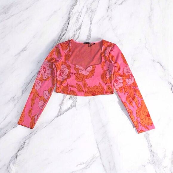 Zara Women's Multicolor Pink Floral Print Cropped Top. Size L - Picture 1 of 9